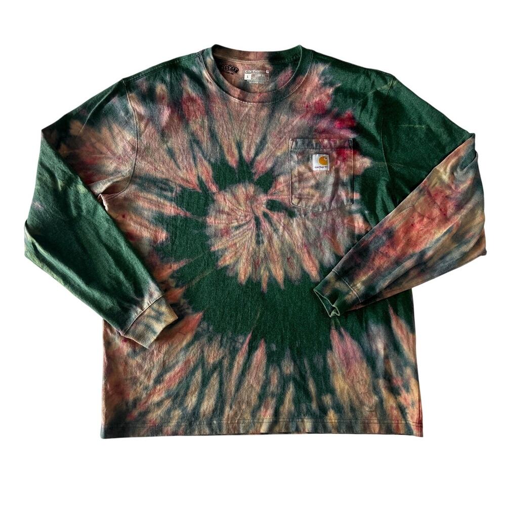 Reworked Carhartt Spiral Reverse Dyed Long Sleeve T-Shirt Green Pink Large
